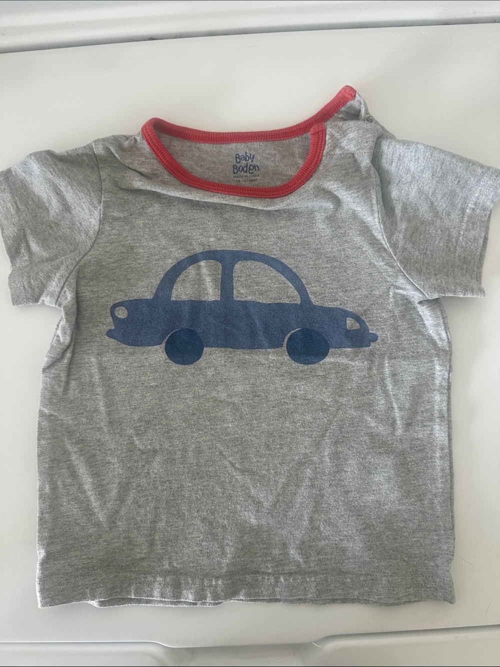 Baby Boden Grey Tee with Blue Car and Orange Neck Trim